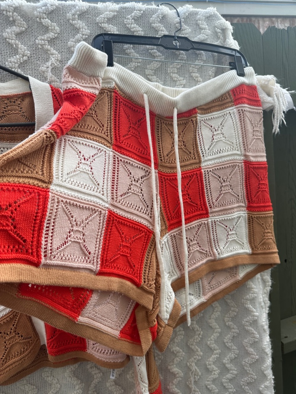 Open-Knit Patchwork Cardigan Sweater - Cream Red Tan - Picture 5 of 9